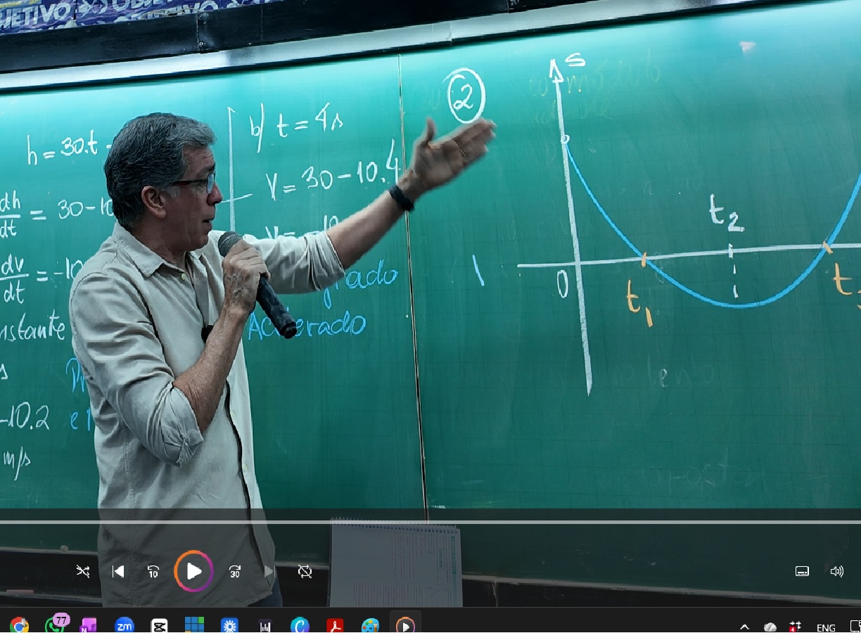 Frame de uma aula gravada do Professor Pinguim ensinando na lousa, com a mesma dinâmica de uma aula presencial.